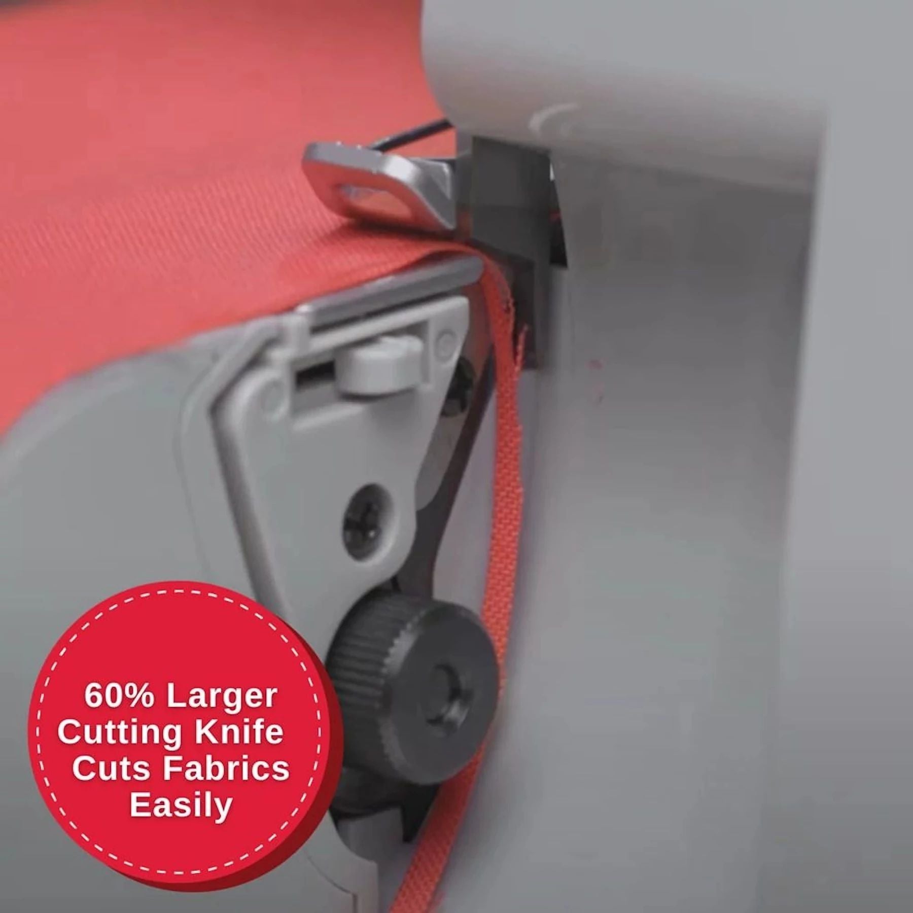Close up of the larger cutting knife on the HD0450S Heavy Duty Serger.