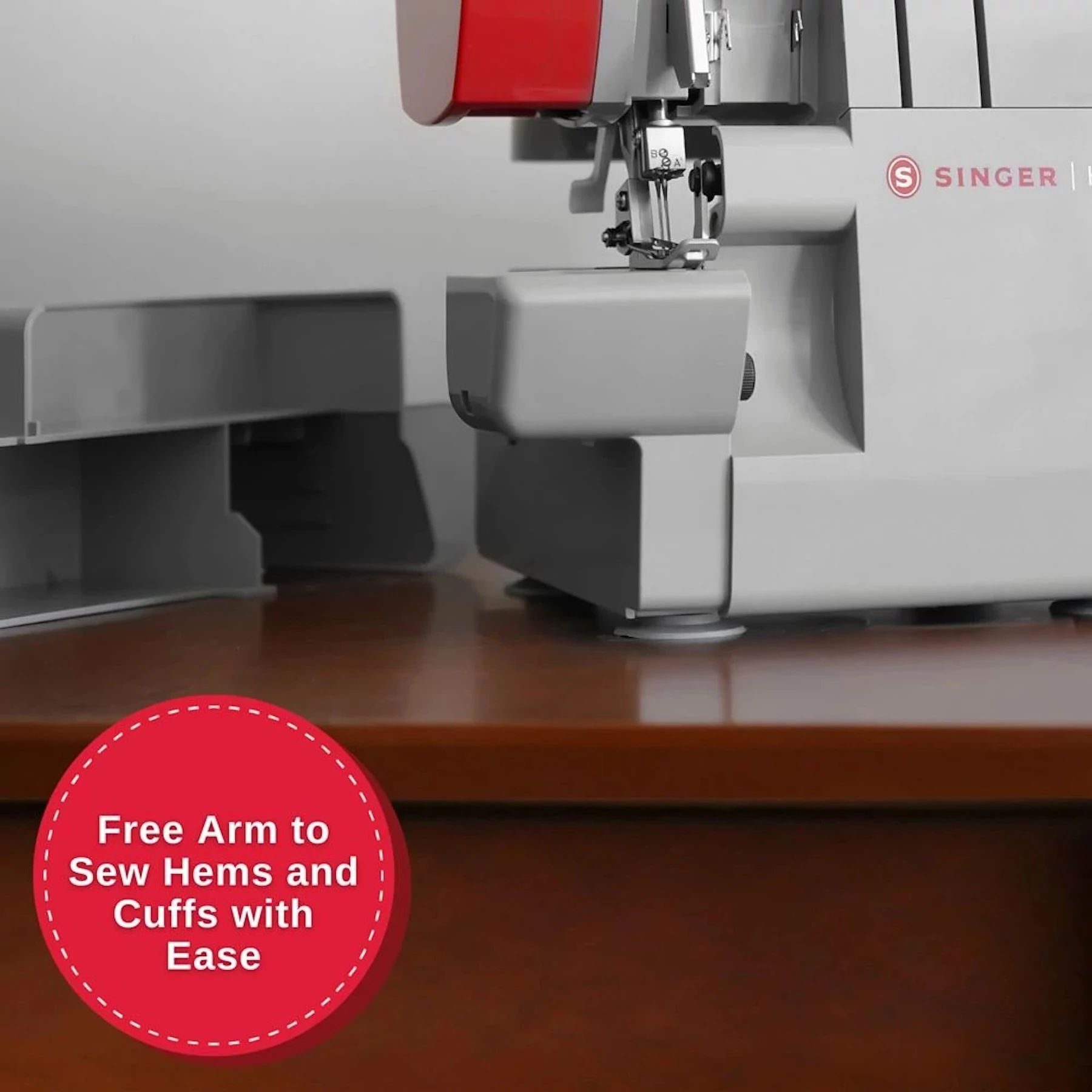 Image of the free arm removed from the HD0450S Heavy Duty Serger to easily sew hems and cuffs.