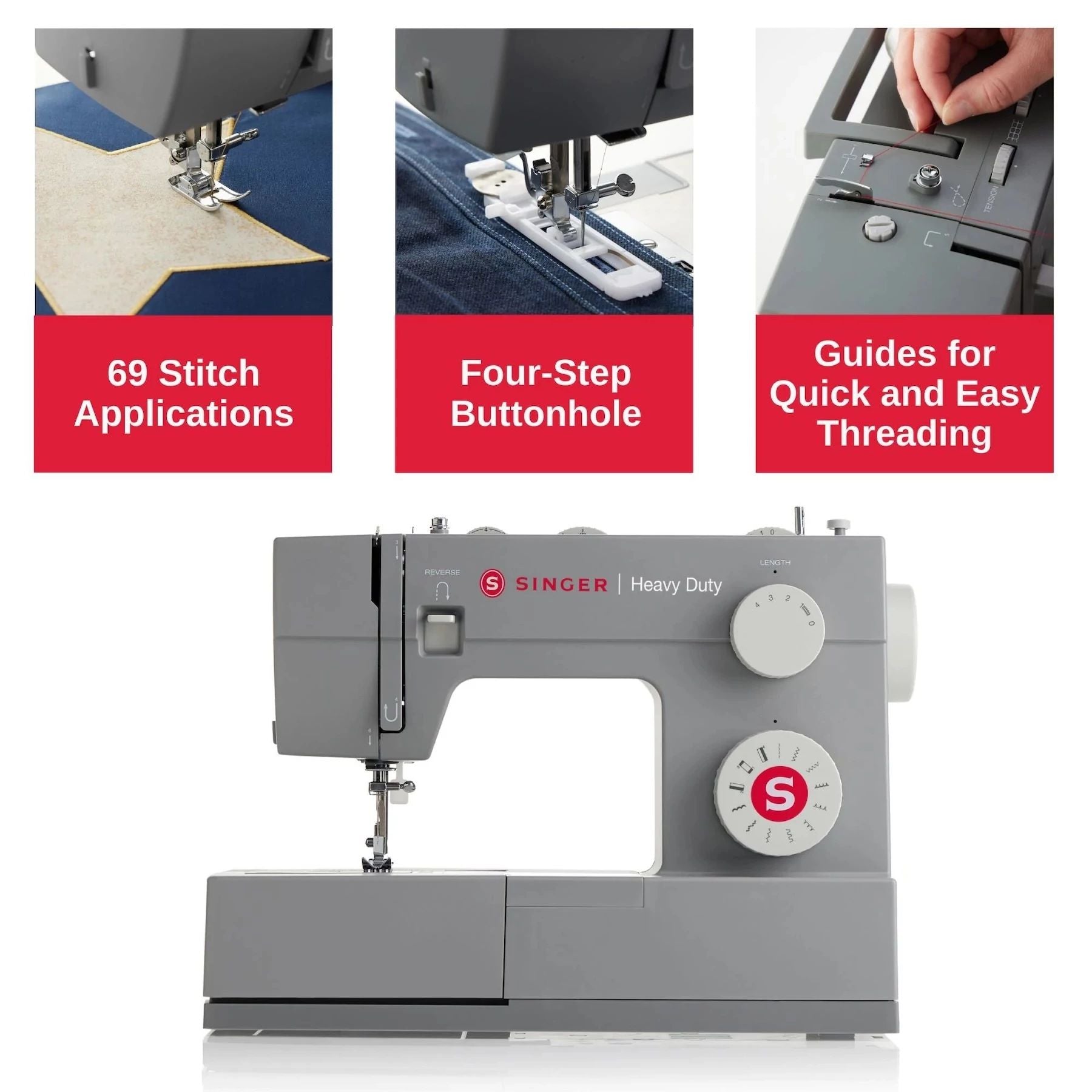 Singer Heavy Duty 4411 sewing machine with feature callouts on top of the image.