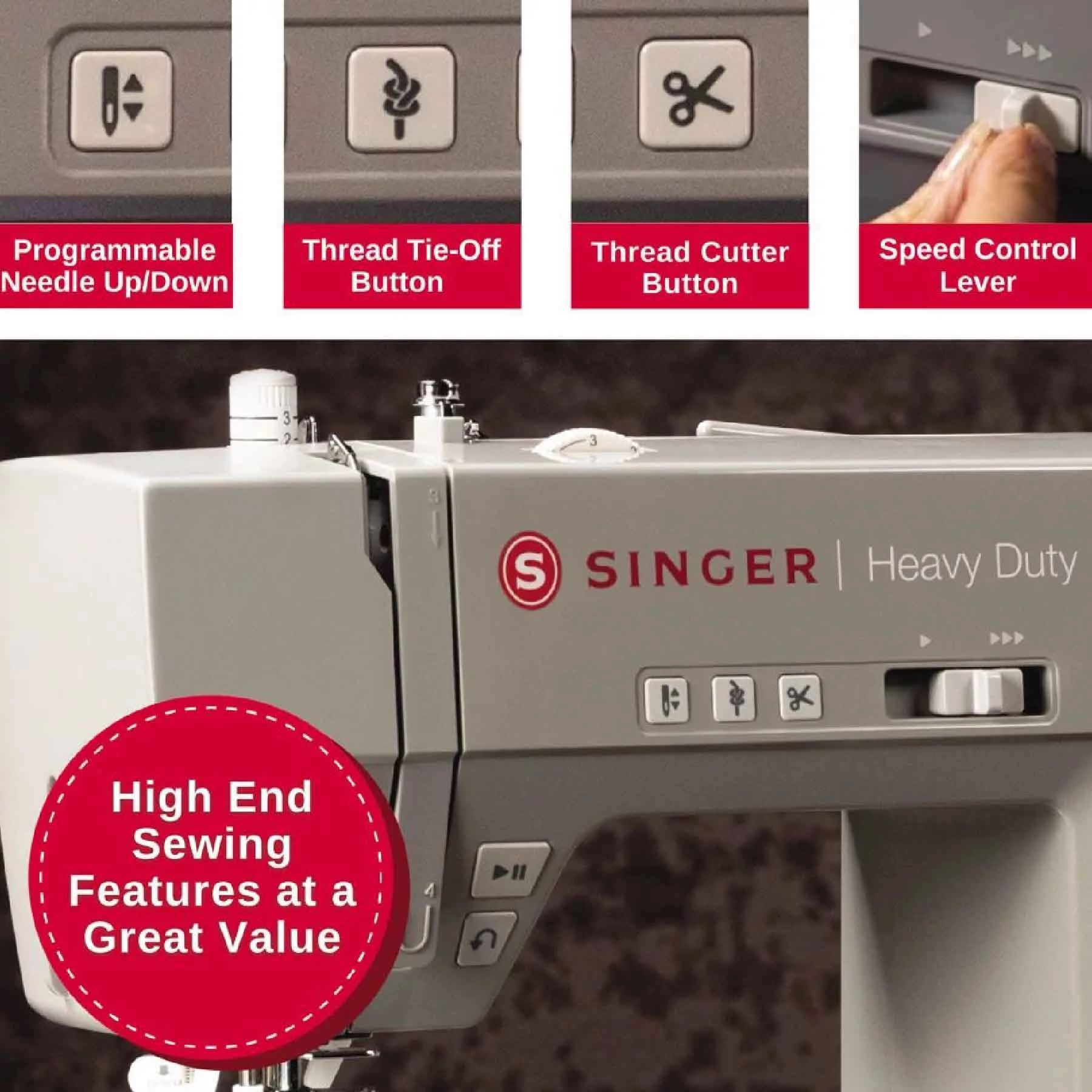 Singer Heavy Duty 6800C computerized sewing machine with text feature callout snippets.