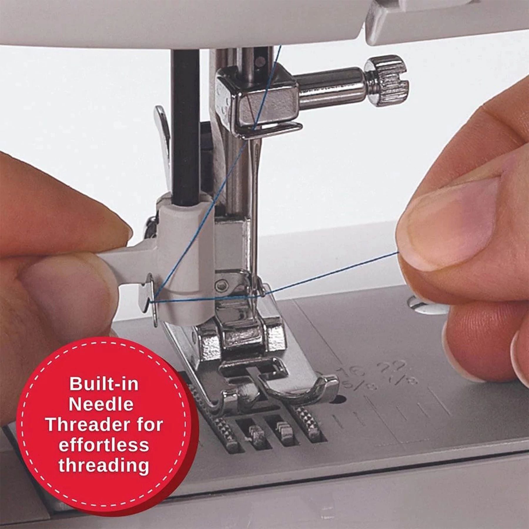Close up of the Quantum Stylist 9960 computerized sewing machine's built-in needle threader.